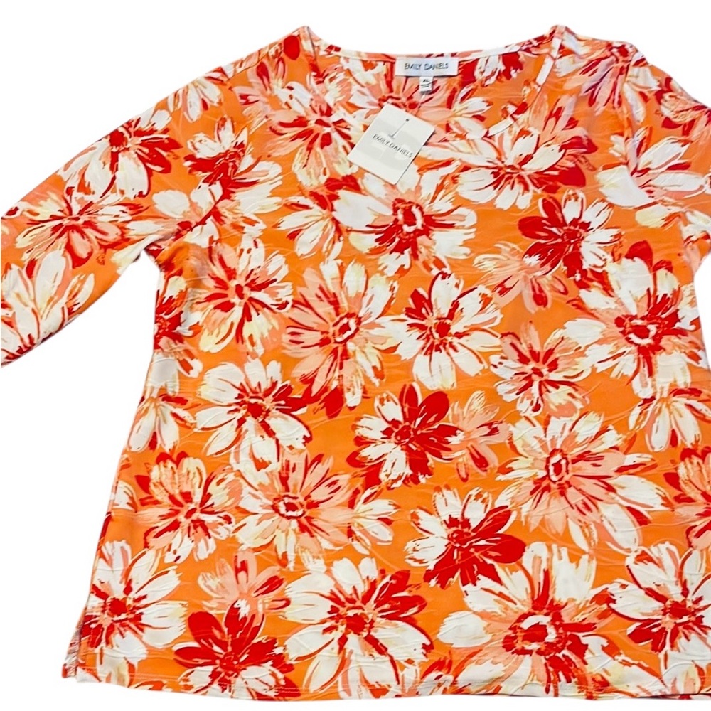 NWT Orange, White, Red Floral Blouse with 3/4 Sleeves